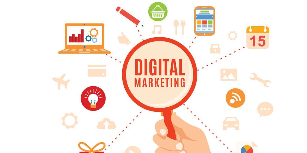 Magnifying glass highlighting 'Digital Marketing' with icons for tools, charts, and devices.