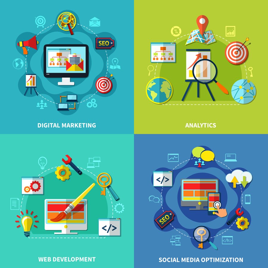 Infographic showing digital tools including Social Media Marketing Services in Quetta and web solutions.
