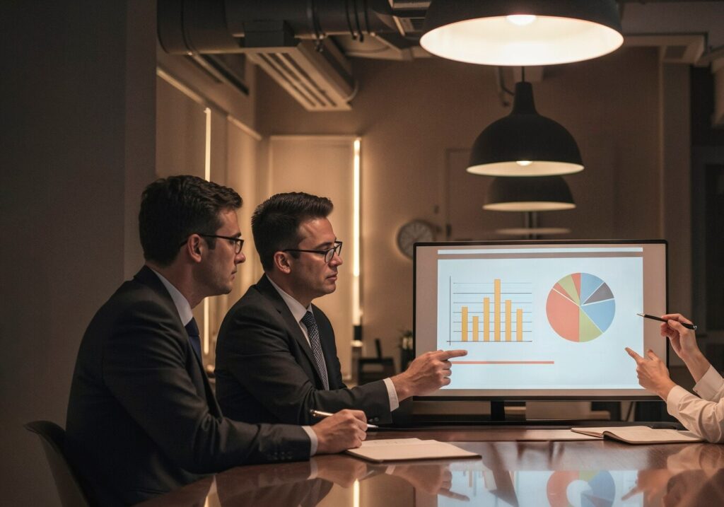 Business meeting discussing charts and graphs on a screen; digital marketing services in Sialkot.